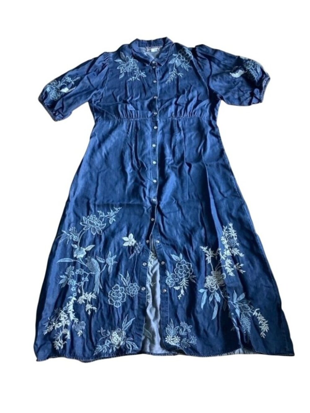 Johnny Was Workshop Blue Embroidered Button-Front Dress With Floral Design Size